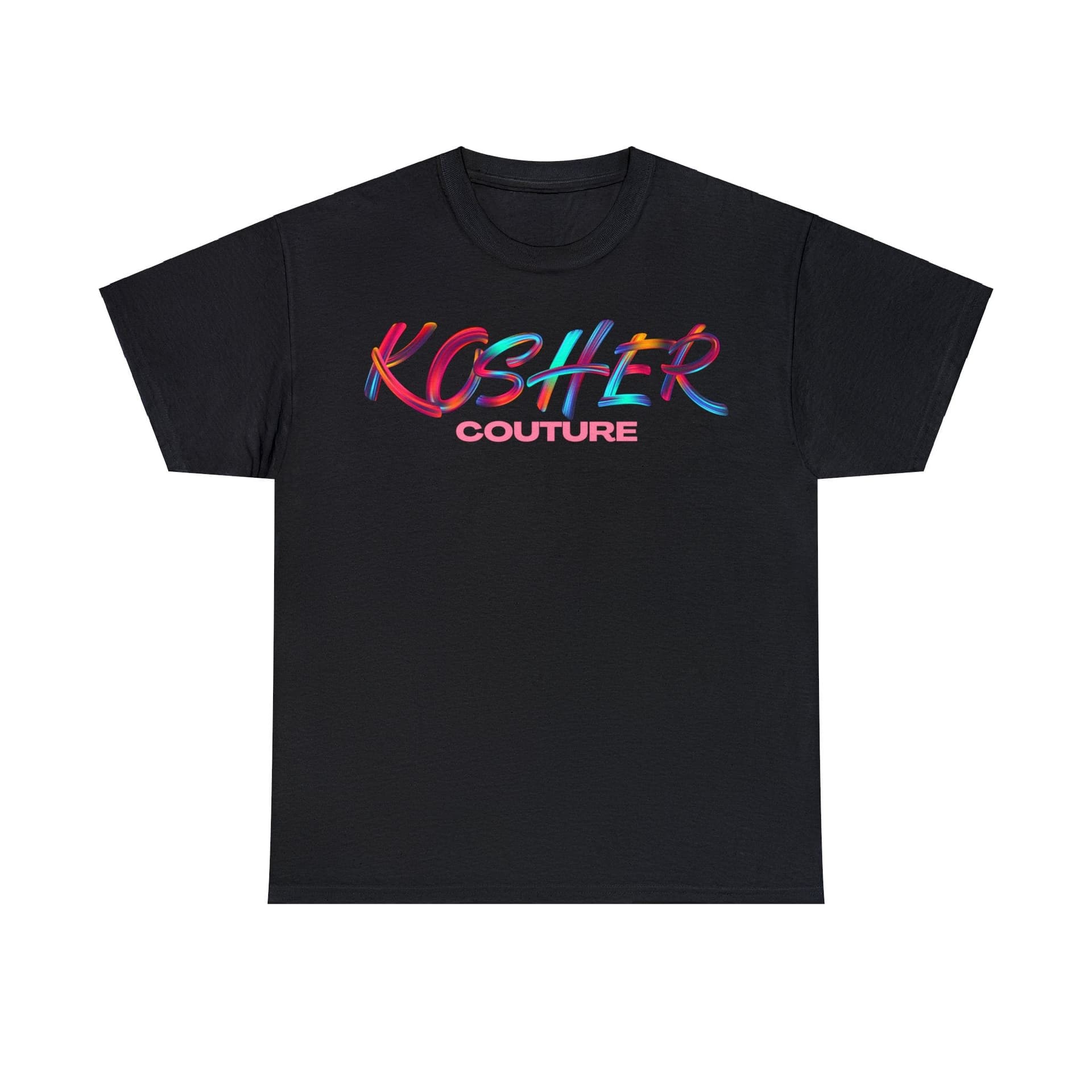 Black tee with the Kosher Couture wordmark in bold gradient script