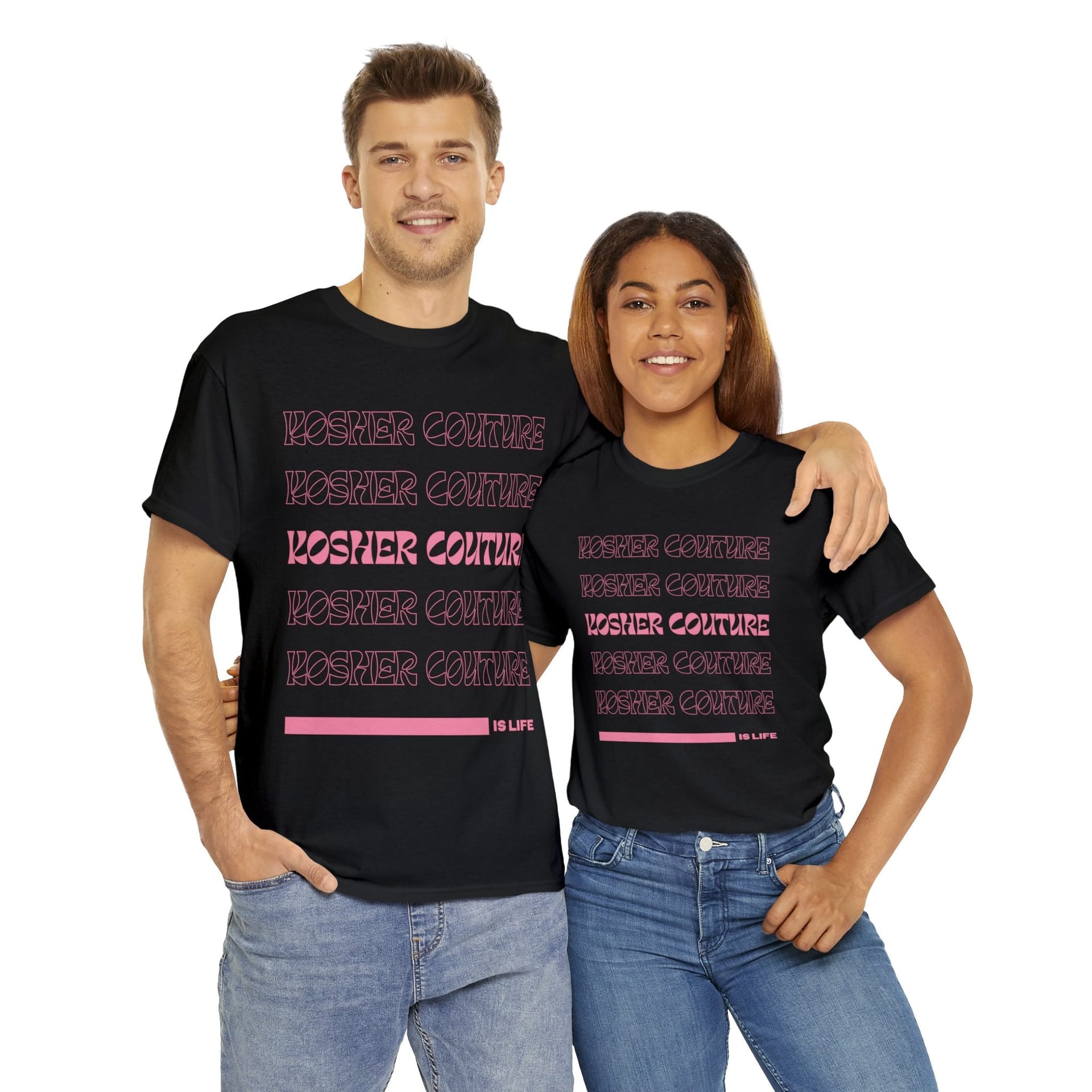 Two friends in black Kosher Couture is Life tees, smiling, arms around each other